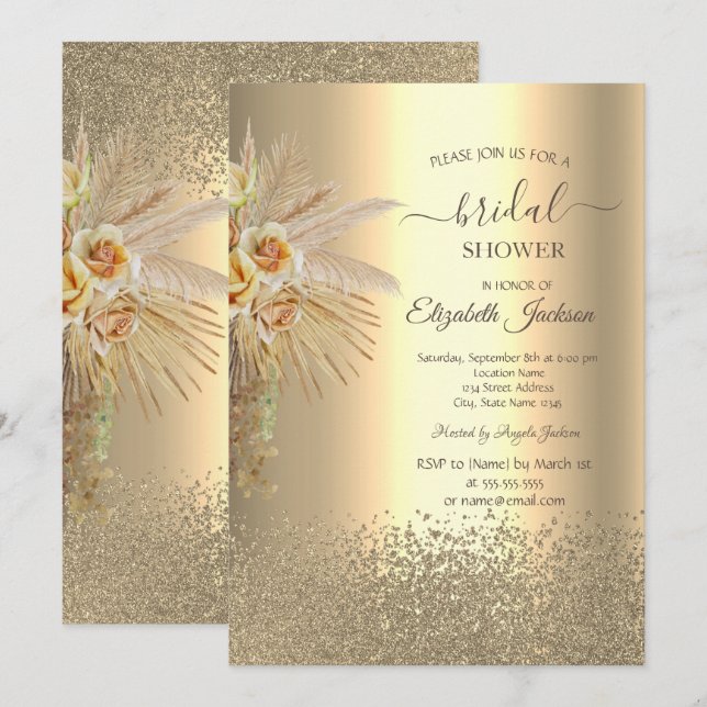 Invitation Elégant Diamants Or Boho Fête des mariées Fleurs (Devant / Derrière)