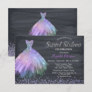 Invitation Élégant Diamants Robe Black Sweet 16 Pouces