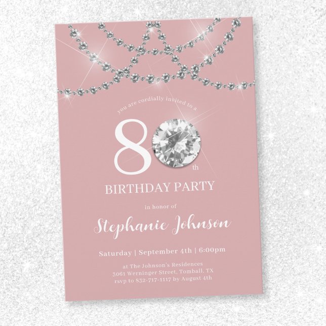 Invitation Elégant Diamants Rose Bleu 80e anniversaire (Elegant Diamonds Blush Pink 80th Birthday Invitation)
