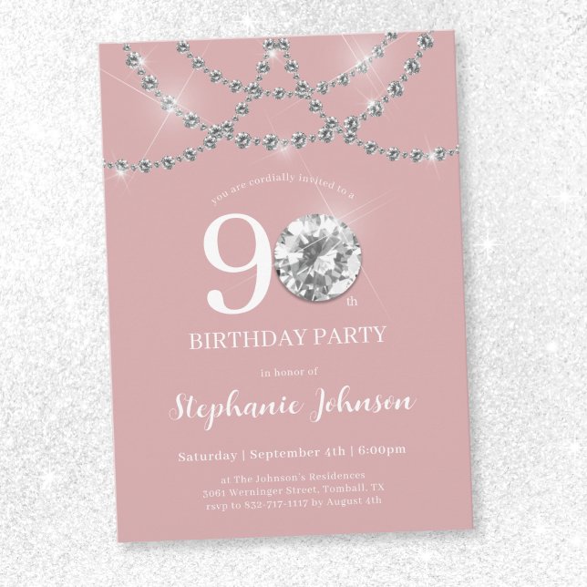 Invitation Elégant Diamants Rose Bleu 90e anniversaire (Elegant Diamonds Blush Pink 90th Birthday Invitation)