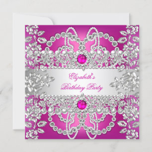 Invitation Elégant Diamants Roses Silver Floral fête d'annive