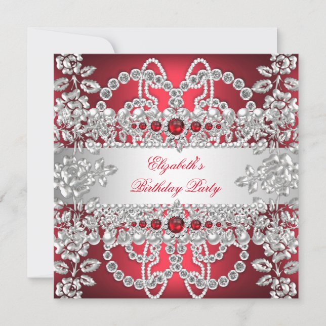 Invitation Elégant Diamants Rouges Profonds Argent Floral Ann (Devant)