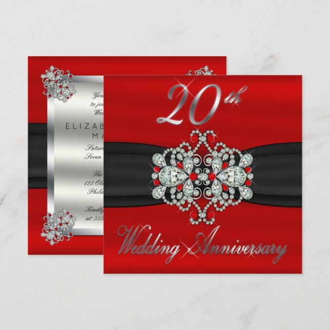 Invitation Élégant Diamants Rubies 20e anniversaire Mariage (Devant / Derrière)