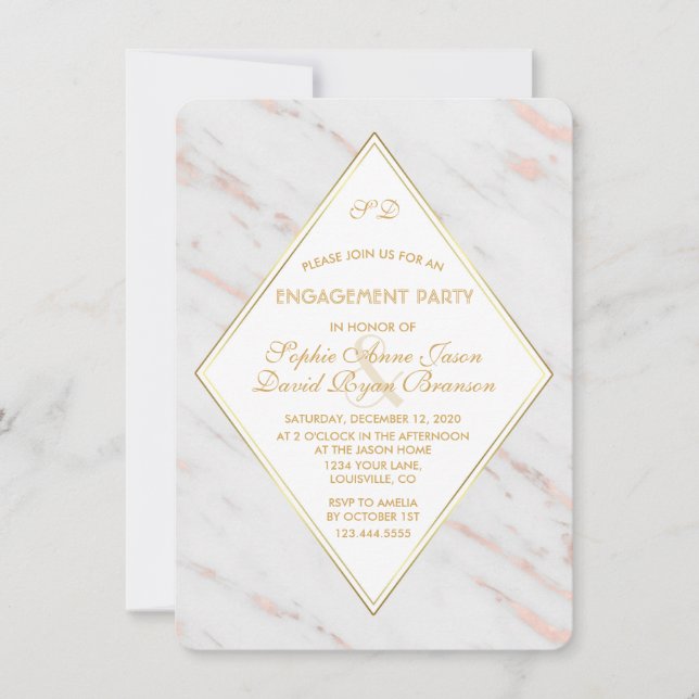 Invitation Élégant Diamond Rose Gold Marble Party (Devant)
