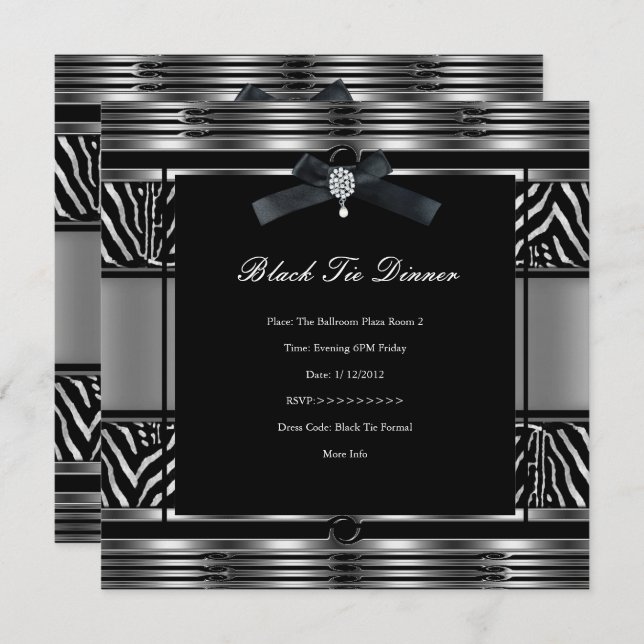 Invitation Elégant dîner Cravate noire Zebra Silver noir (Devant / Derrière)