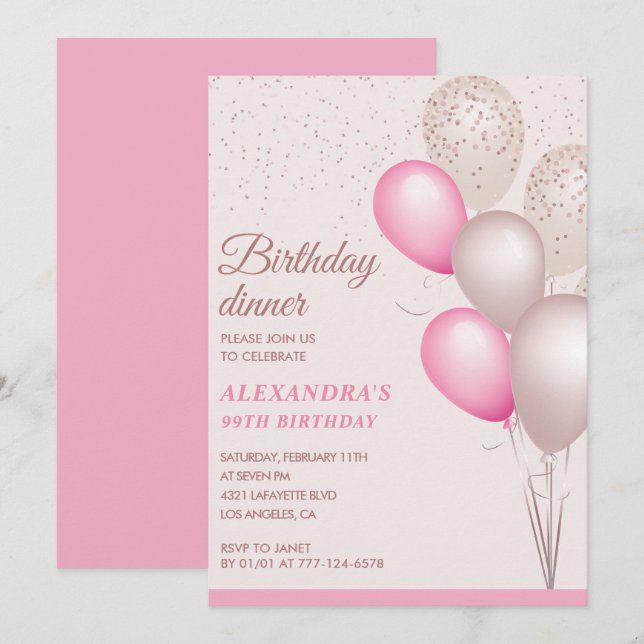 Invitation Elégant dîner d'anniversaire rose moderne 99e anni (Devant / Derrière)