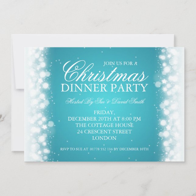 Invitation Élégant dîner de Noël Magique Sparkle Turqu (Devant)