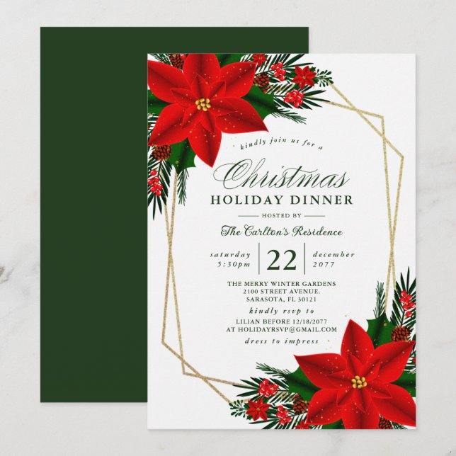 Invitation Élégant dîner de Noël Poinsettia Pine Green (Devant / Derrière)