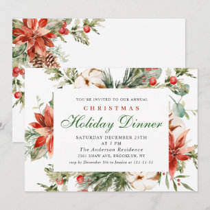 Invitation Élégant dîner de Noël Rouge Poinsettia