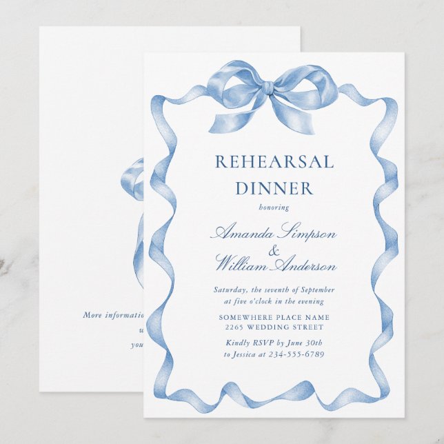 Invitation Élégant Dîner De Répétition De Bow Bleu Dusty (Devant / Derrière)