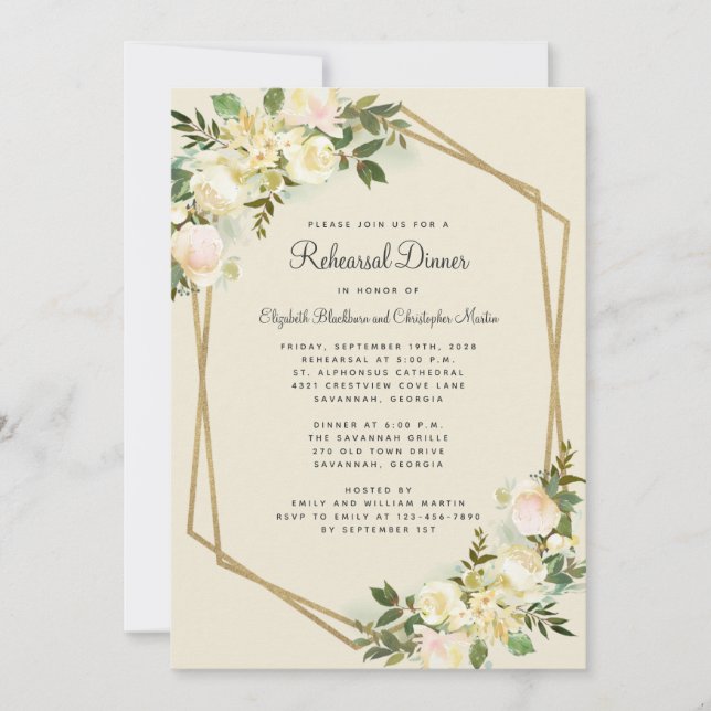 Invitation Élégant dîner de répétition d'or Mariage Floral (Devant)