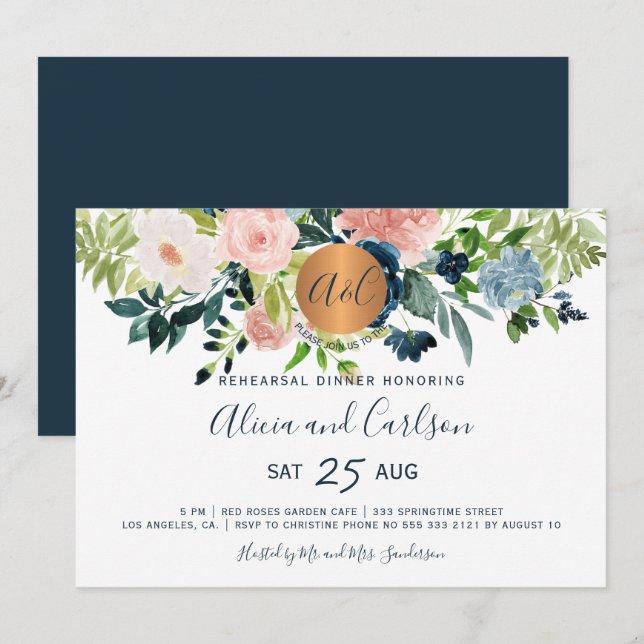 Invitation Élégant dîner de répétition floral monogrammé de l (Devant / Derrière)
