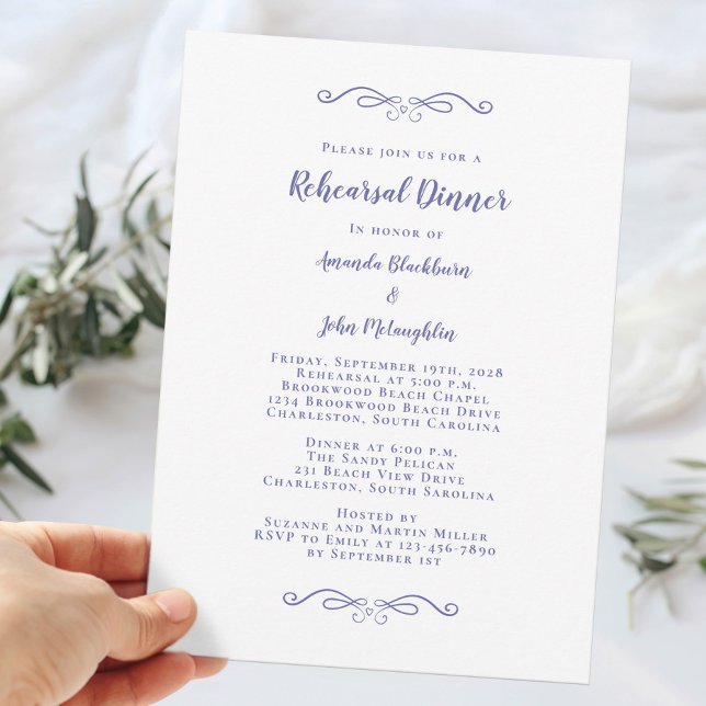 Invitation Élégant dîner de répétition Mariage bleu Periwinkl (Elegant Periwinkle Blue Wedding Rehearsal Dinner Invitation)