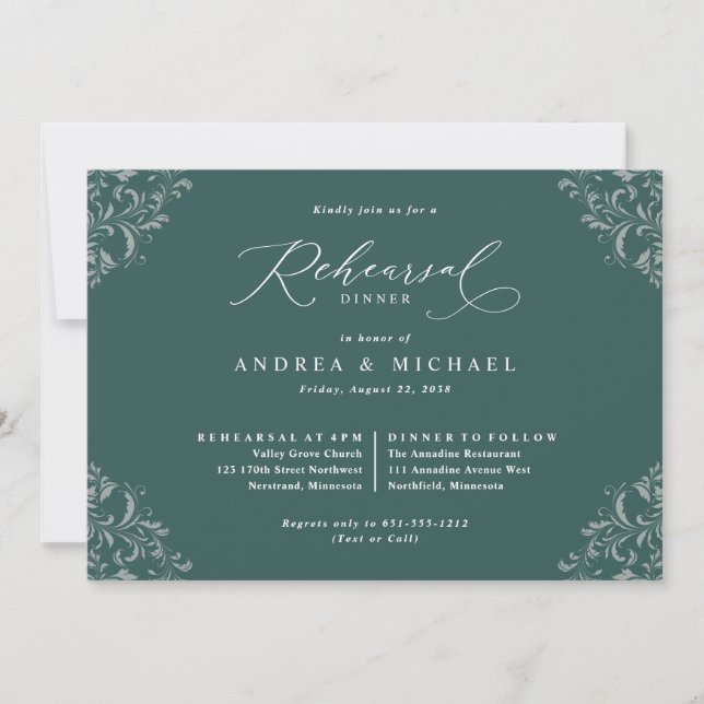 Invitation Élégant dîner de répétition Mariage Emerald Green (Devant)