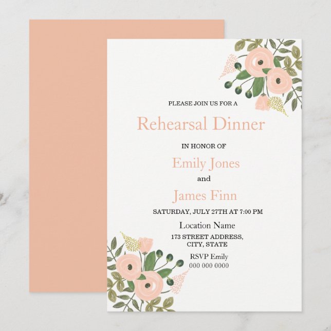 Invitation Élégant dîner de répétition Mariage floral Invitat (Devant / Derrière)