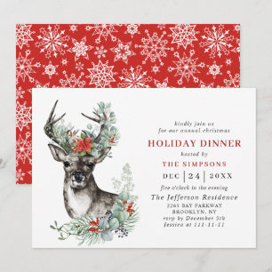 Invitation Élégant DÎNER DE VACANCES DE NOËL Deer Poinsettia