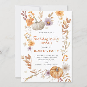 Invitation Élégant dîner Floral Citrouille Thanksgiving