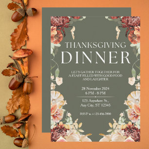 Invitation Élégant Dîner Floral Vert Thanksgiving