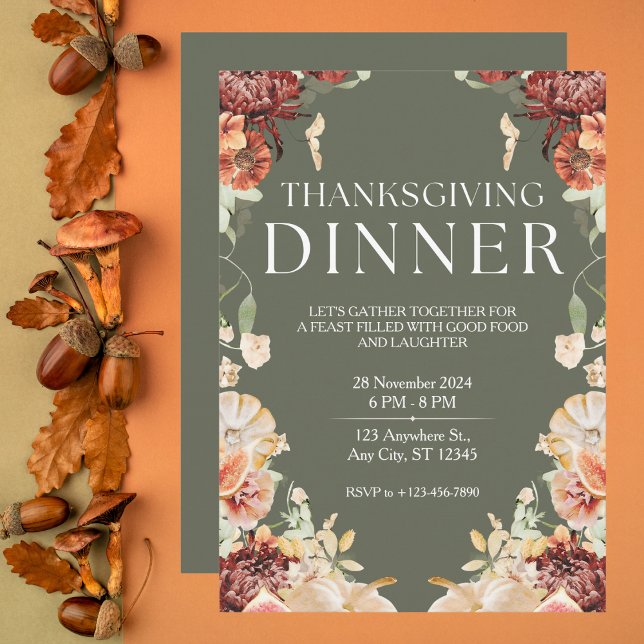 Invitation Élégant Dîner Floral Vert Thanksgiving (Créateur téléchargé)