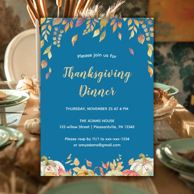 Invitation Elégant Dîner Thanksgiving Aquarelle Bleu Chute (Créateur téléchargé)