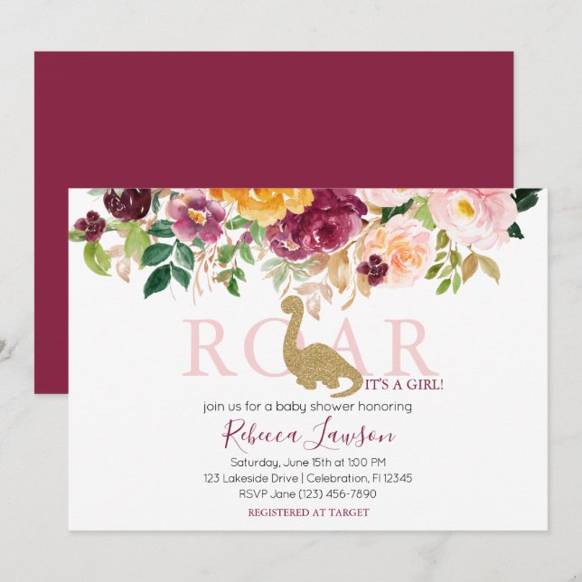 Invitation Elégant Dinosaur Rose & Maroon Baby Girl Douche (Devant / Derrière)