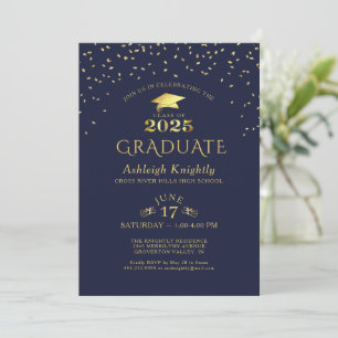 Invitation Élégant diplômé 2025 Marine Gold Confetti