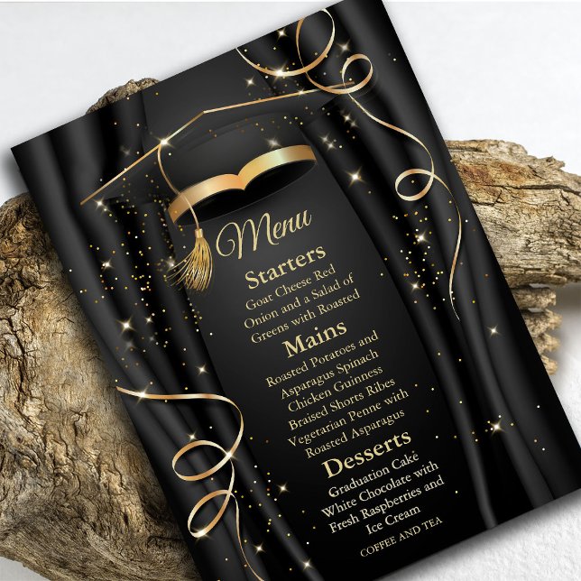 Invitation Élégant diplôme en noir et or (Elegant Black & Gold Graduation Invitation #menu #zazzlemade #graduationdinner #blackandgoldmenu)