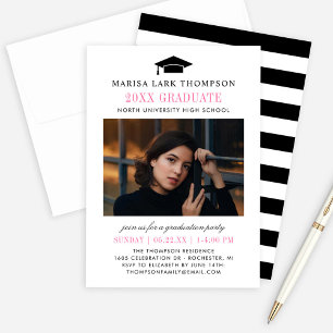 Invitation Élégant Diplômé noir et rose Photo Graduate
