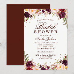 Invitation Élégant doré bordeaux floral douche de mariée