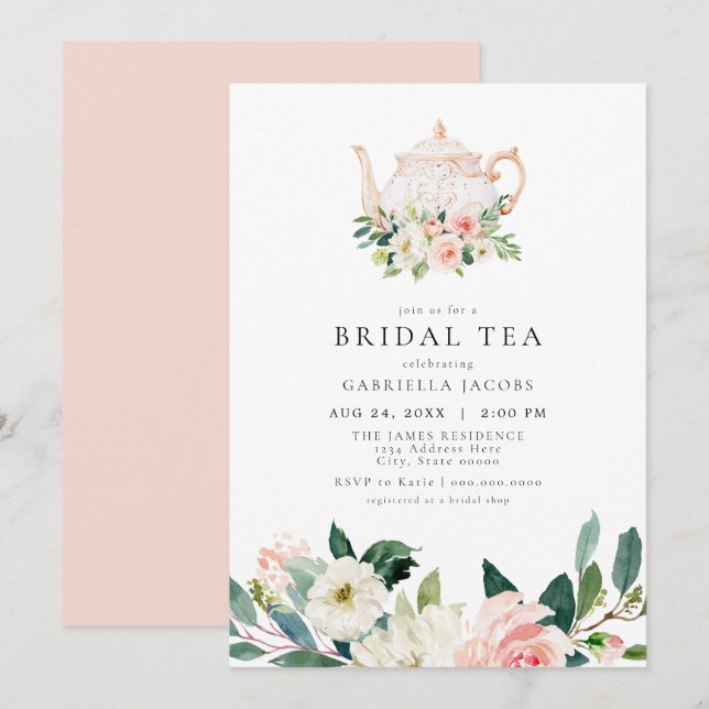 Invitation Elégant & Doux Blush Rose Floral Thé nuptial (Devant / Derrière)