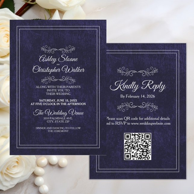 Invitation Elegant Dusty Black White QR code Wedding (Black velvet and white text elegant wedding invitation and rsvp combination with your QR code)