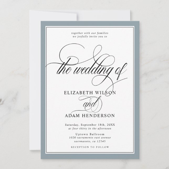 Invitation Elégant Dusty Bleu & Blanc Classic Mariage (Devant)