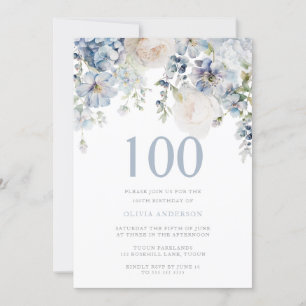 Invitation Elégant Dusty Bleu & Blanc Floral 100e Anniversair