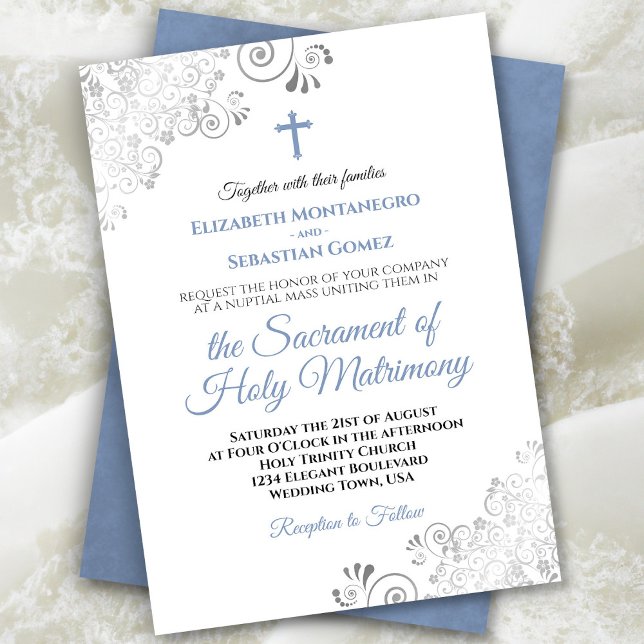 Invitation Elégant Dusty Bleu & Gris Mariage catholique moder (In Situ Front/Back)