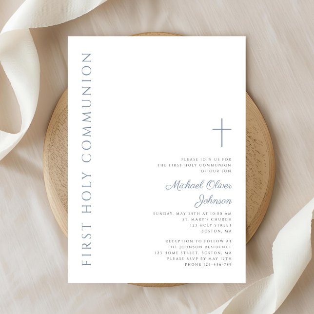 Invitation Élégant Dusty Bleu Script Première Sainte Communio (Elegant Dusty Blue Script First Holy Communion Invitation)
