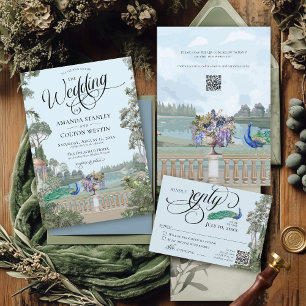 Invitation Elégant Dusty Bleu Vintage Jardin vert Mariage