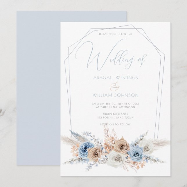 Invitation Elégant Dusty Blue Boho ou mariage de plage (Devant / Derrière)