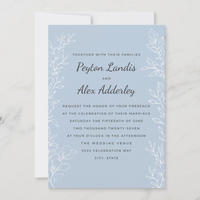 Invitation Elégant Dusty Blue Botanical Line Mariage d'art (Devant)