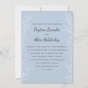 Invitation Elégant Dusty Blue Botanical Line Mariage d'art