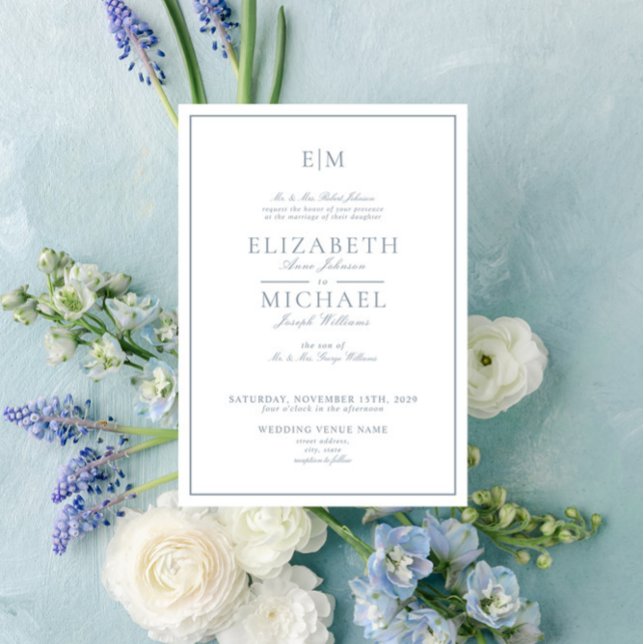 Invitation Élégant Dusty Blue Classic Script Monogram Mariage (Créateur téléchargé)