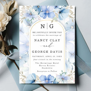 Invitation Elégant Dusty Blue Floral Garden Monogramme Mariag