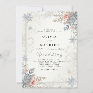 Invitation Elégant Dusty Blue Floral Mariage d'hiver