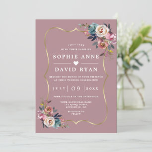 Invitation Elégant Dusty Blue Floral Misty Rose Mariage or