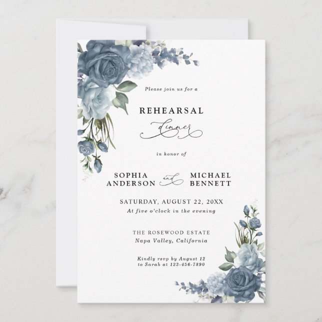 Invitation Elegant Dusty Blue Floral Wedding Rehearsal Dinner (Devant)
