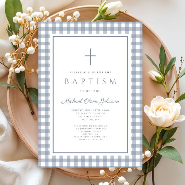 Invitation Elegant Dusty Blue Gingham Boy Baptism (Elegant Dusty Blue Gingham Boy Baptism Invitation)