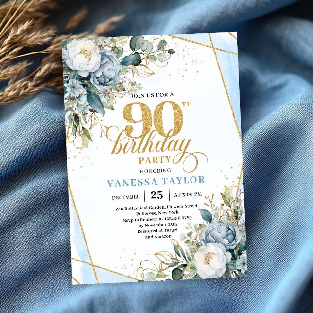 Invitation Elegant dusty blue gold frame floral 90th birthday (Elegant dusty blue gold frame floral 90th birthday invite)