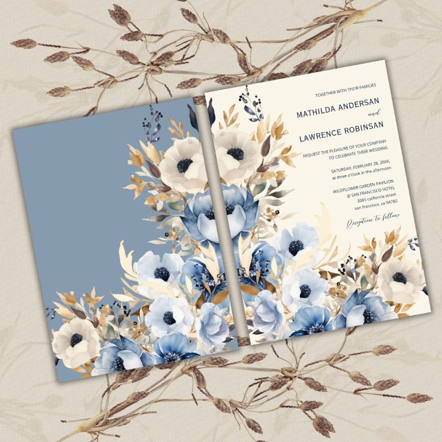 Invitation Elégant Dusty Blue Gold Mariage Floral d'hiver (Elegant Gold Dusty Blue Floral Winter Wedding Invitation)
