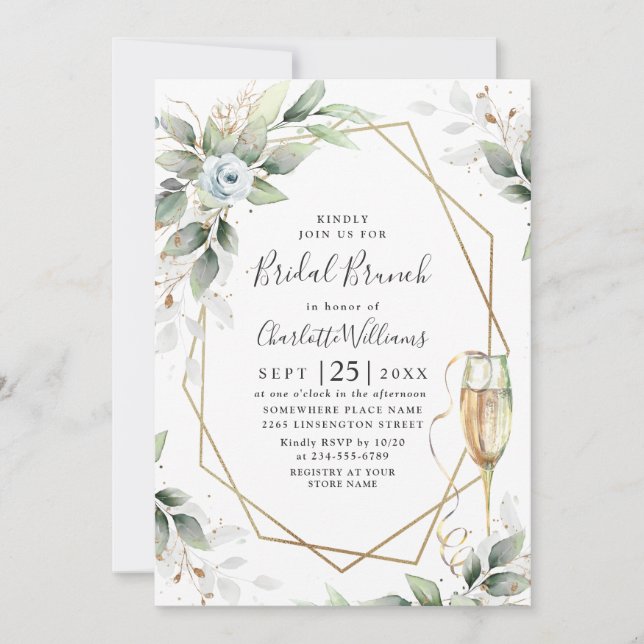 Invitation Elégant Dusty Blue Greenery Bridal Brunch Invitat (Devant)