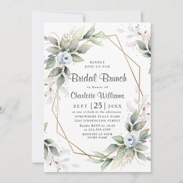 Invitation Elégant Dusty Blue Greenery Brunch nuptial (Devant)