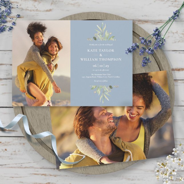 Invitation Elégant Dusty Blue Greenery Photos Mariage (Elegant Dusty Blue Greenery Photos Wedding Invitation)